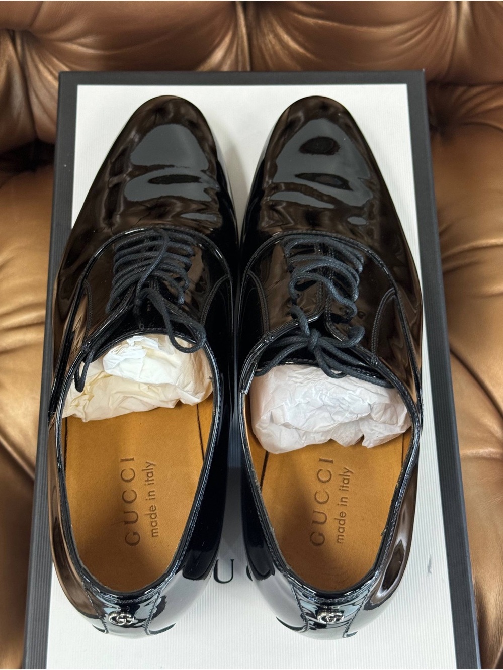 Gucci Worsh Patent Leather Derby Dress Black Made in Italy Shoes Oxfords SZ 6.00 - Picture 3 of 10